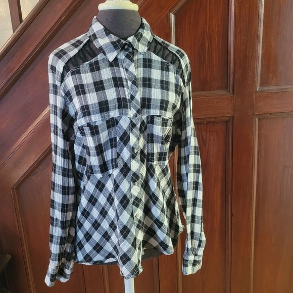 Free People Womens Black & White Plaid Button-Up Long Sleeve Shirt - Picture 1 of 6